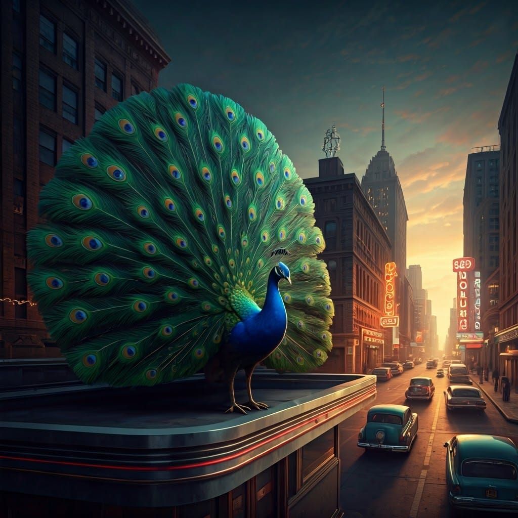 Vibrant Peacock Statue in Retro Downtown Cityscape
