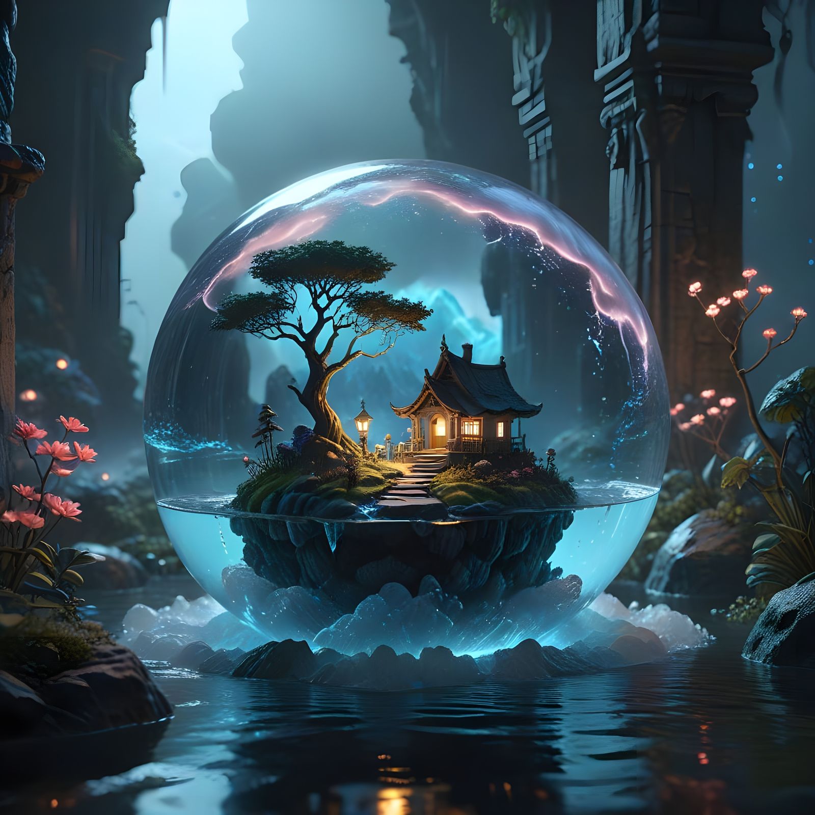 Glass orb with leviating island