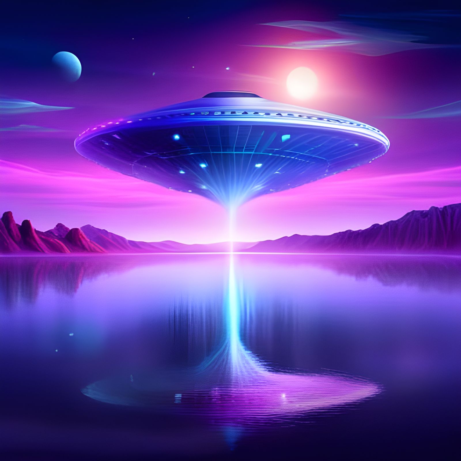 Neon UFO Over Alien Lake: A Fantasy Landscape