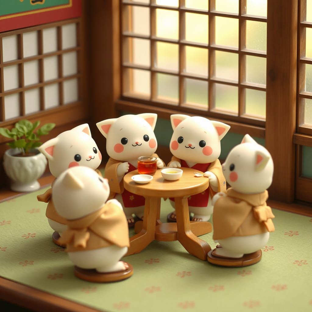 Anthropomorphic Dumplings at Tea Party in Ghibli Style