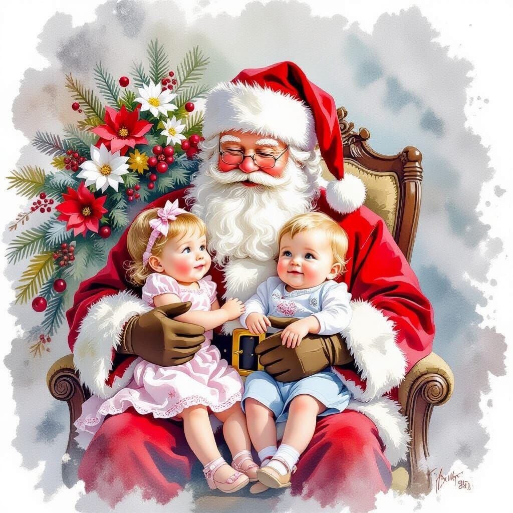Ethereal Christmas Scene: Siblings on Santa's Lap