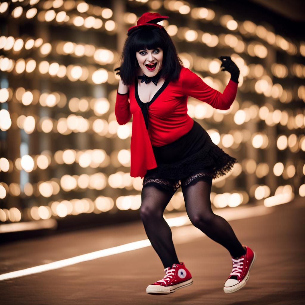Mavis Cosplay: Crossdresser Dancing in Red and Black