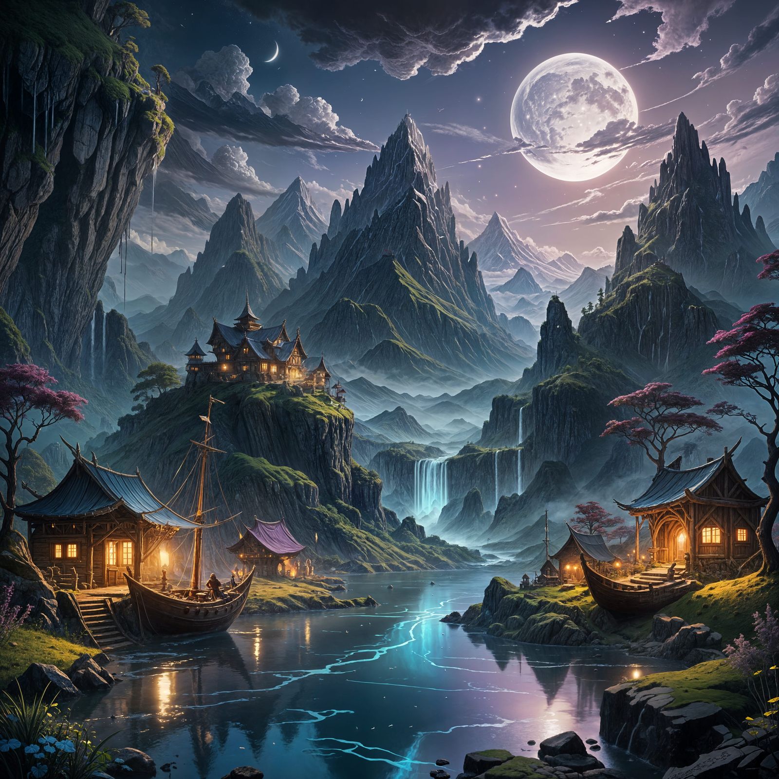 Floating Islands Above Manuscript With Ship Sailing Rivers o...