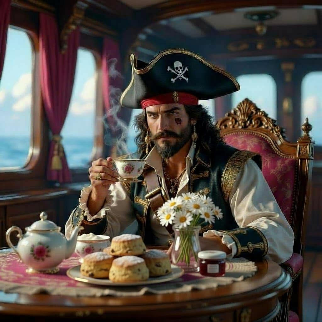 Pirate Enjoys Tea in Schooner Stateroom