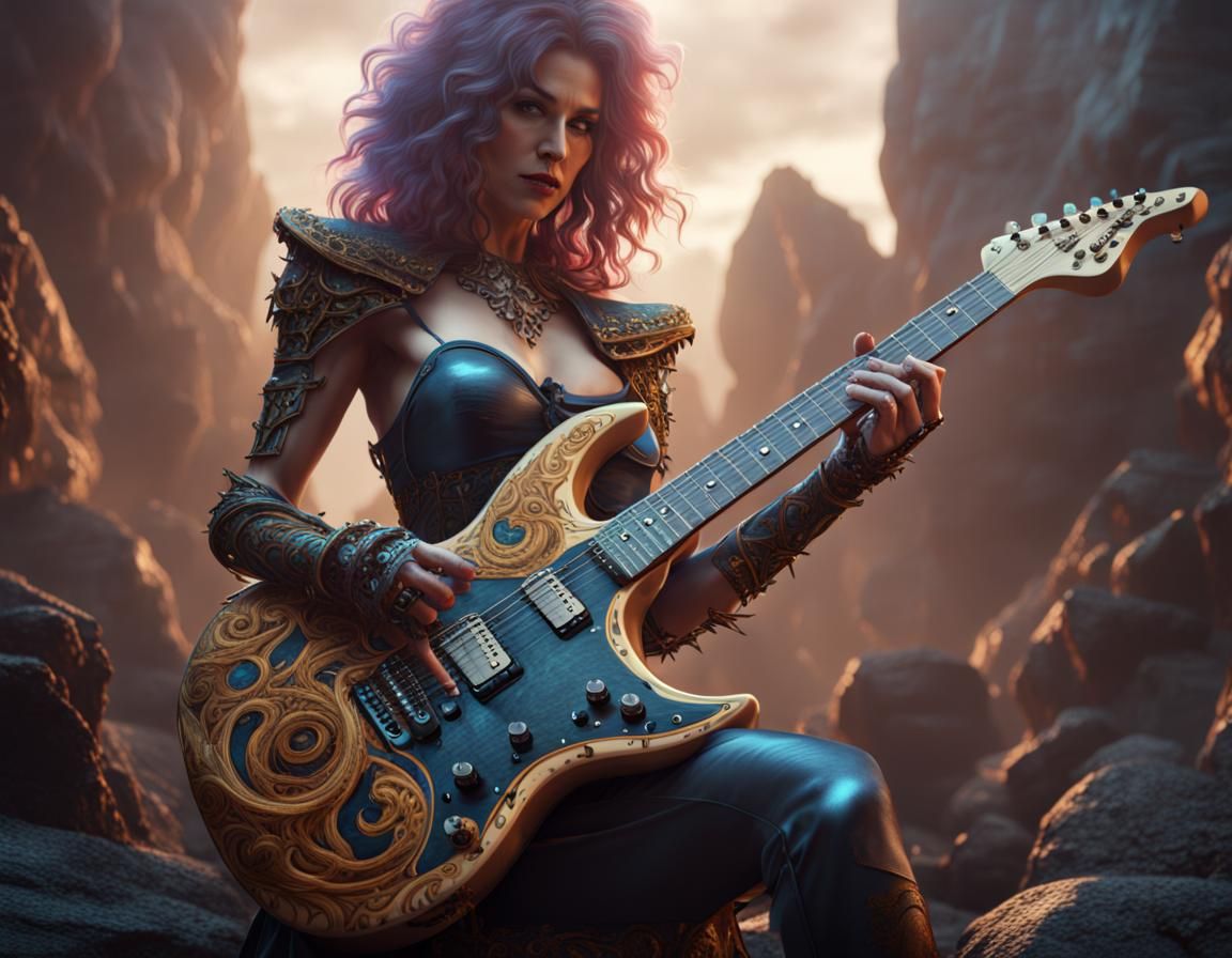 Beautiful Rock Guitar Queen in Detailed Matte Painting