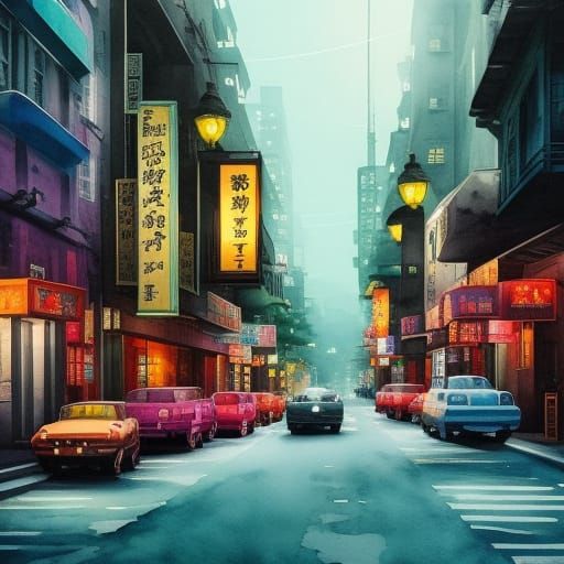 Romantic Dieselpunk Evening Street Scene, Anime Watercolor