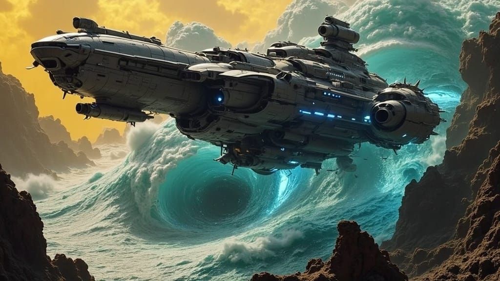 Cyberpunk Military Spaceship in Orbit Over a Mystical Alien...