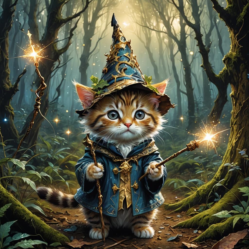 Wizard Kitten in Enchanted Forest, Fantasy Art