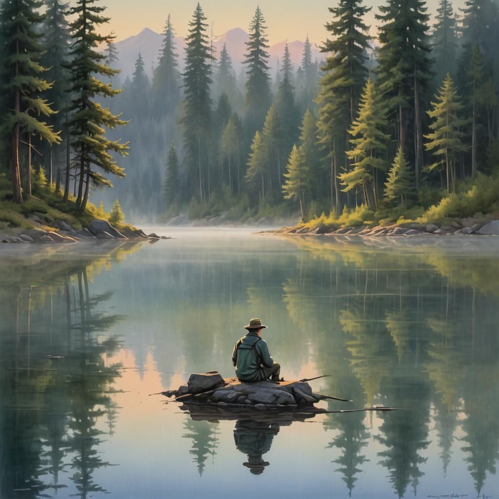 Tranquil Lakeside Scene in Anime Style