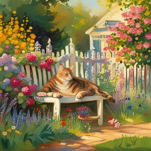 English Garden with Cat in Embossed Style