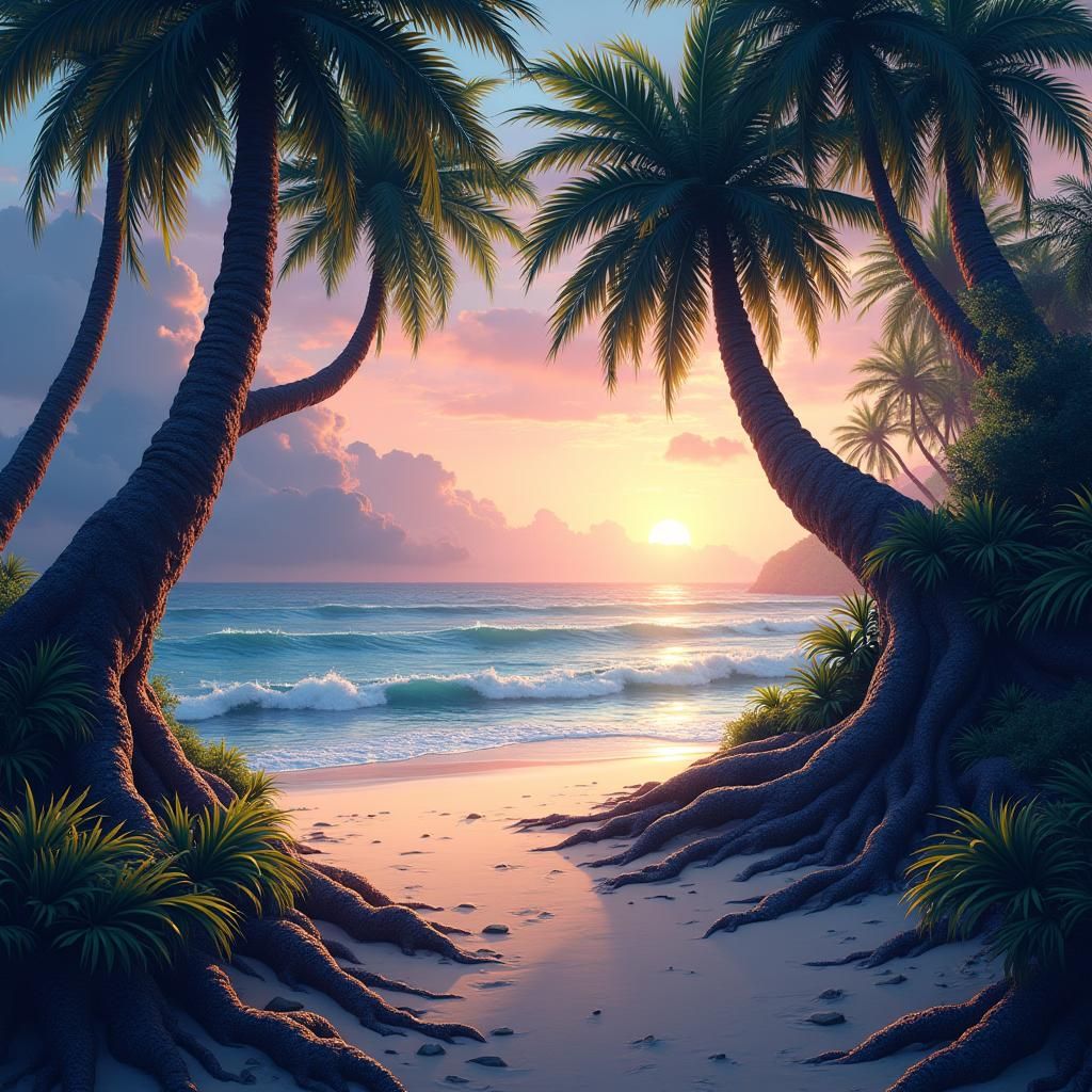 Tropical Beach Sunset: Fantasy Landscape Art