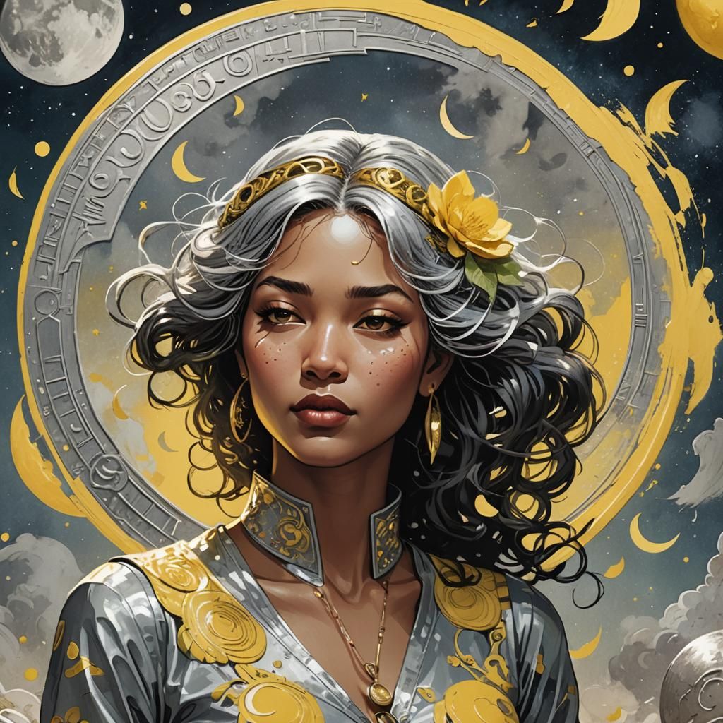 Dreamy Comic Art: Woman with Musical Notes Under Moon