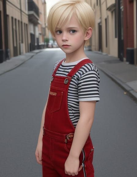 Sinister Blond Boy in Red Dungarees