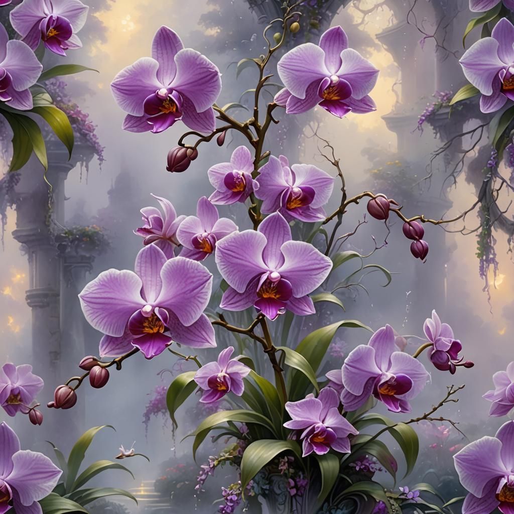 Ethereal Purple Orchid with Scrollwork in Fantasy Style