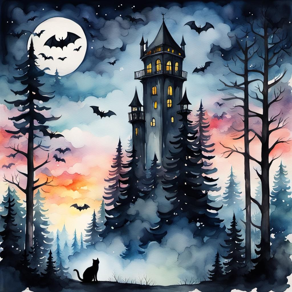 High Tower in Forest at Sunset, Watercolor