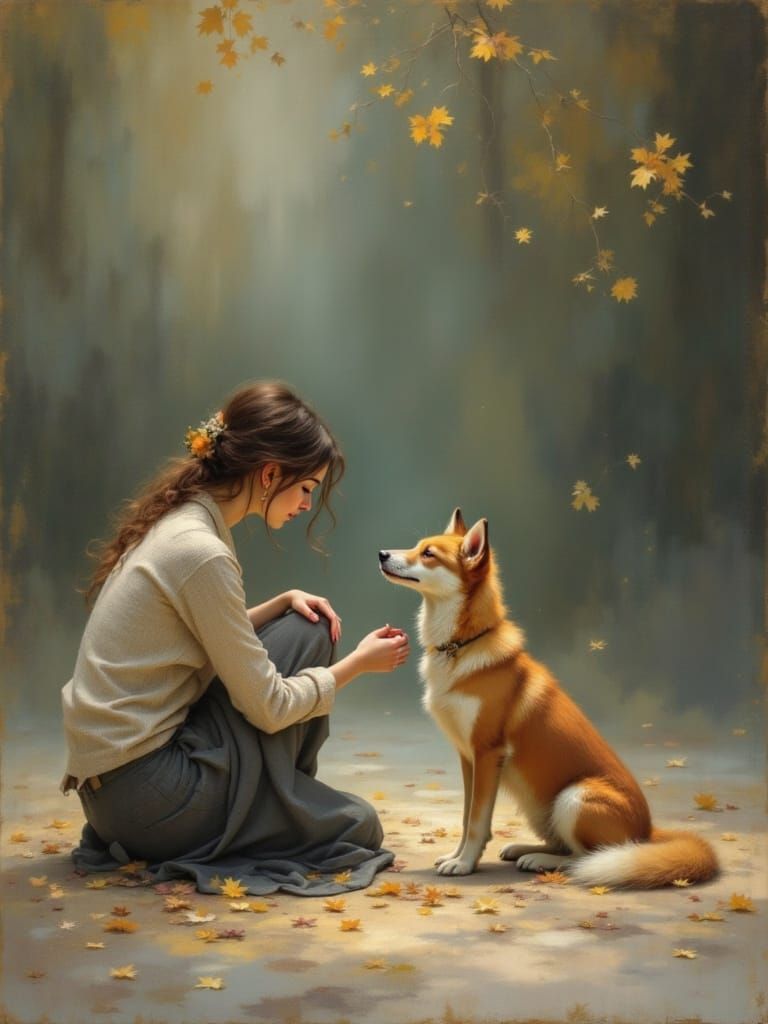 Woman and Stray Dog in Amber Light
