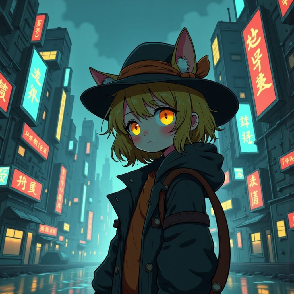 Mysterious City Cat in Vibrant, Cyberpunk Style