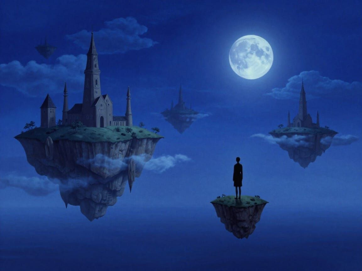 Surreal Floating Islands in Ethereal Blue Landscape