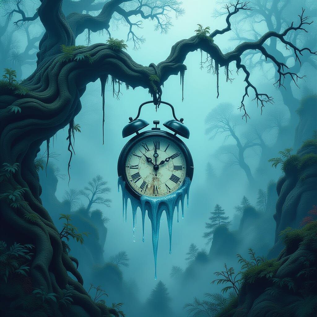 Surreal Melting Clock in Post-Apocalyptic Forest