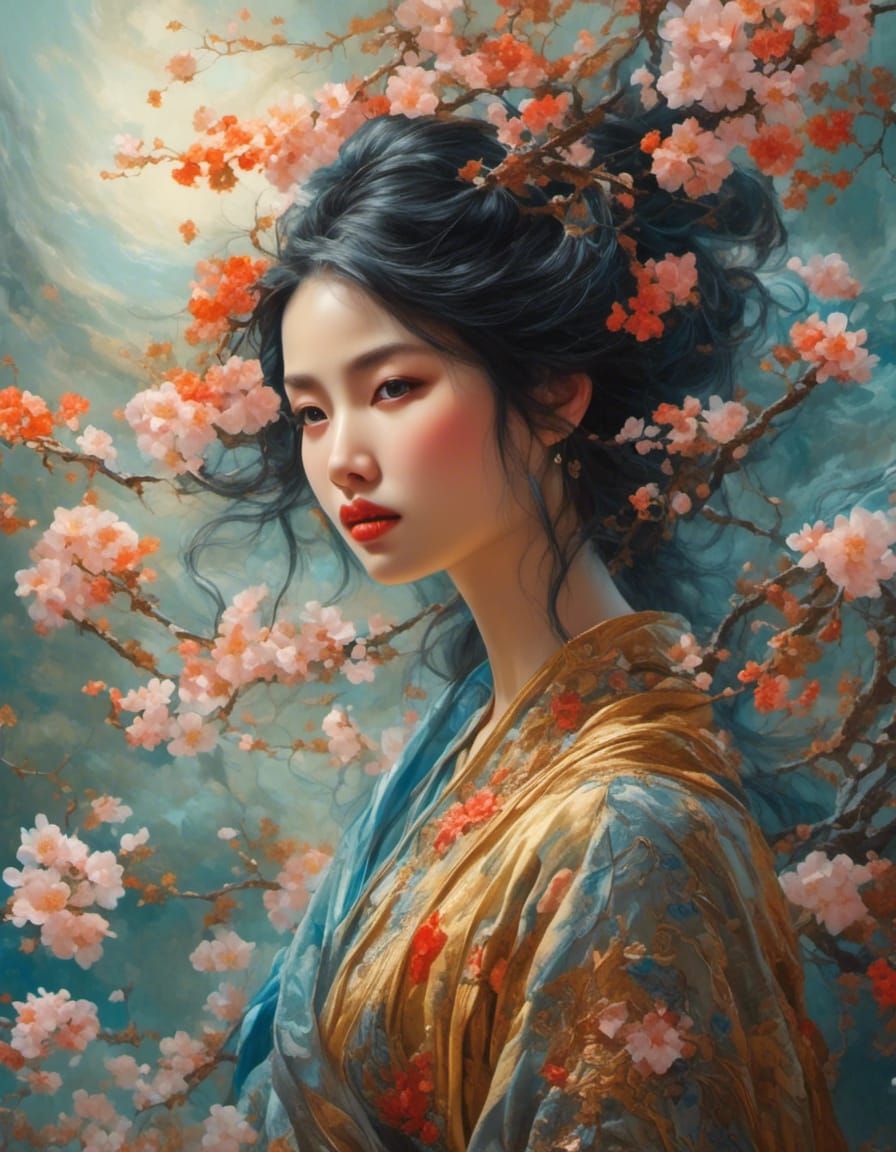 Mysterious Asian Woman in Blustery Storm