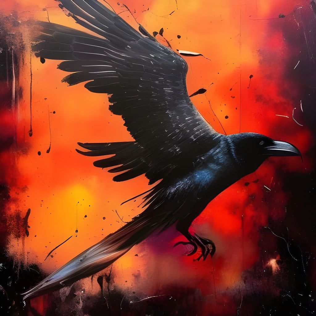 Raven in Flight Through Red Skies: Contemporary Art