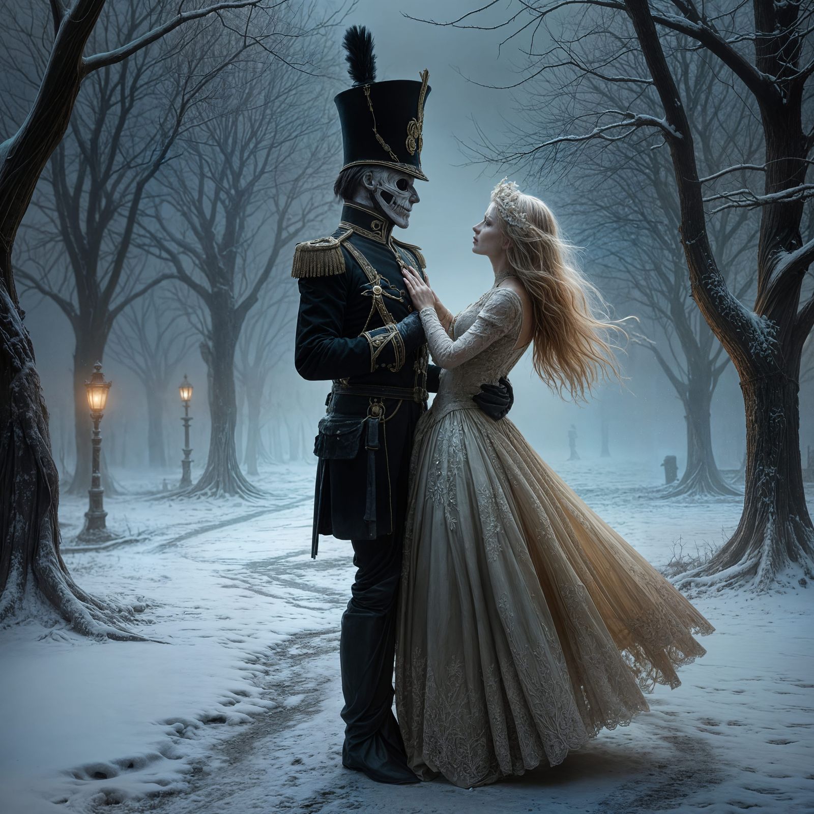 Haunted Ballroom Dance in Desolate Gothic Landscape