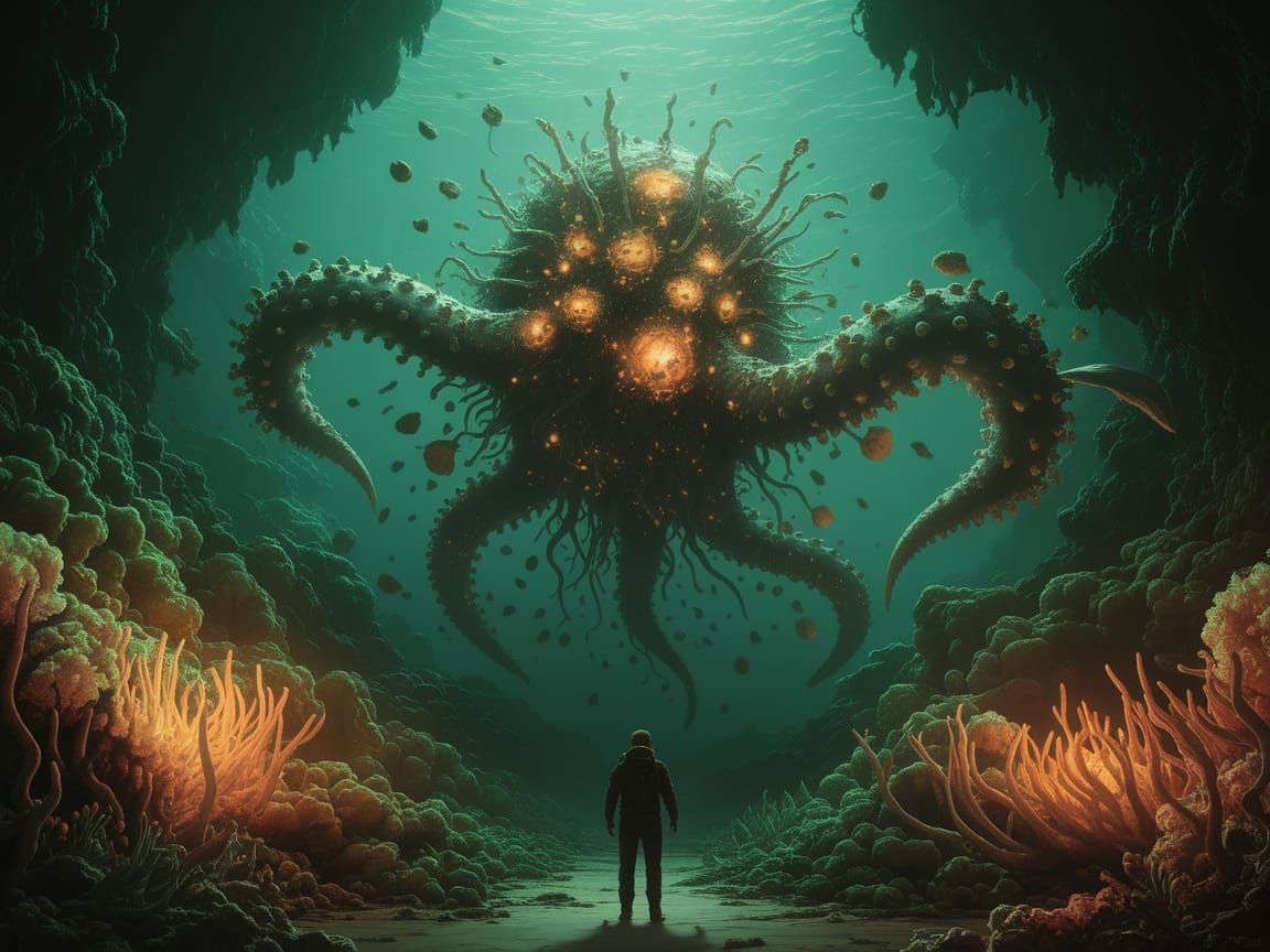 Titanic Bioluminescent Sea Creature in Deep Ocean Trench