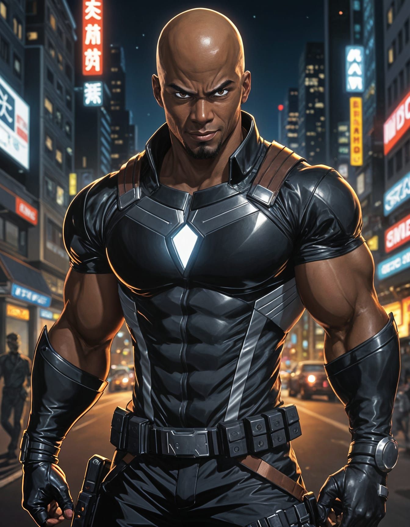 Anime Illustration of Black Action Hero in City