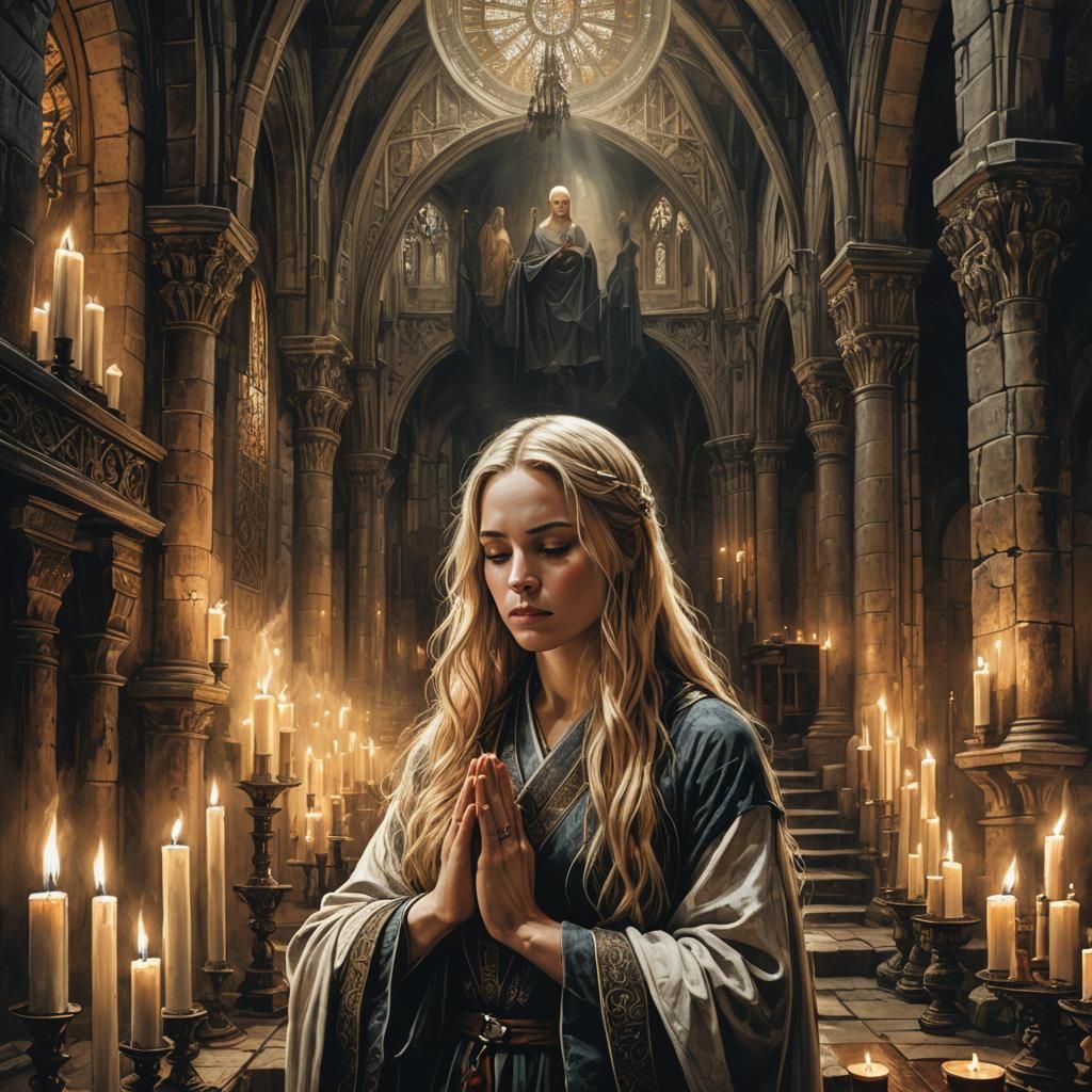 Medieval Woman Praying in Chapel: Comic Book Art