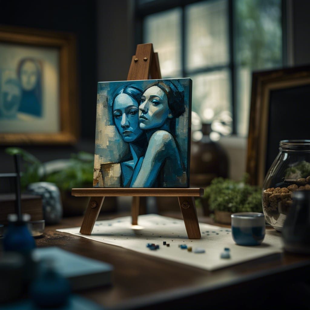 Blue Cubist Woman in Terrarium, Picasso Style