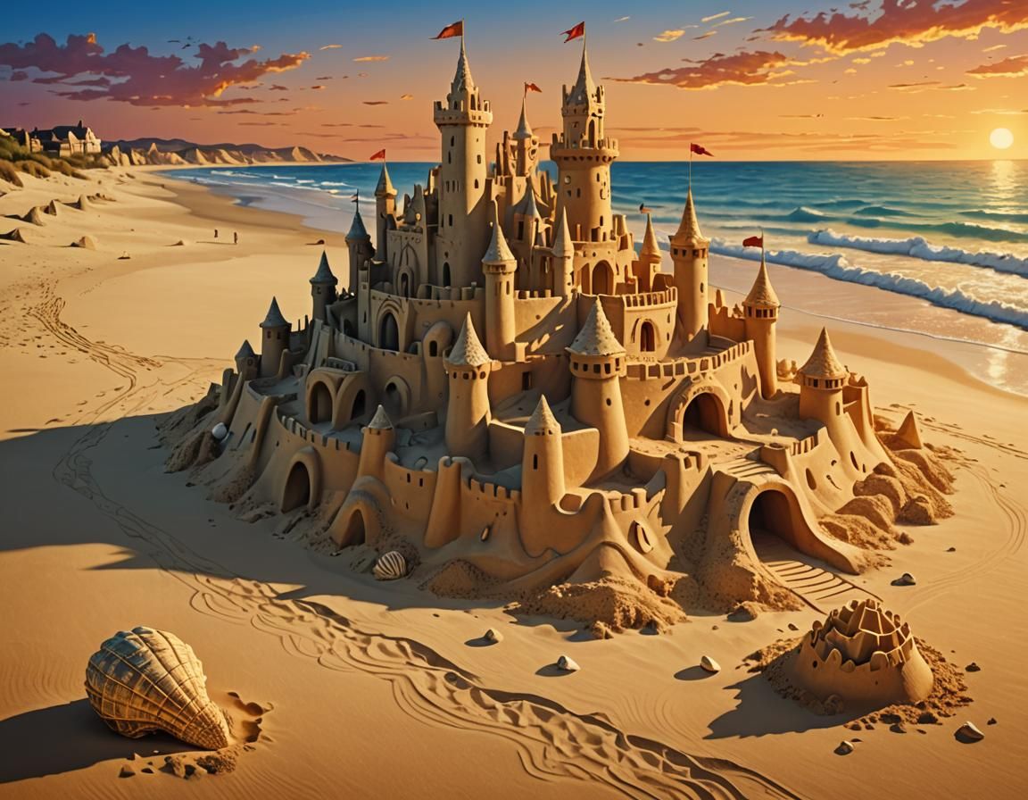 Majestic Sandcastle at Sunset, Digital Concept Art