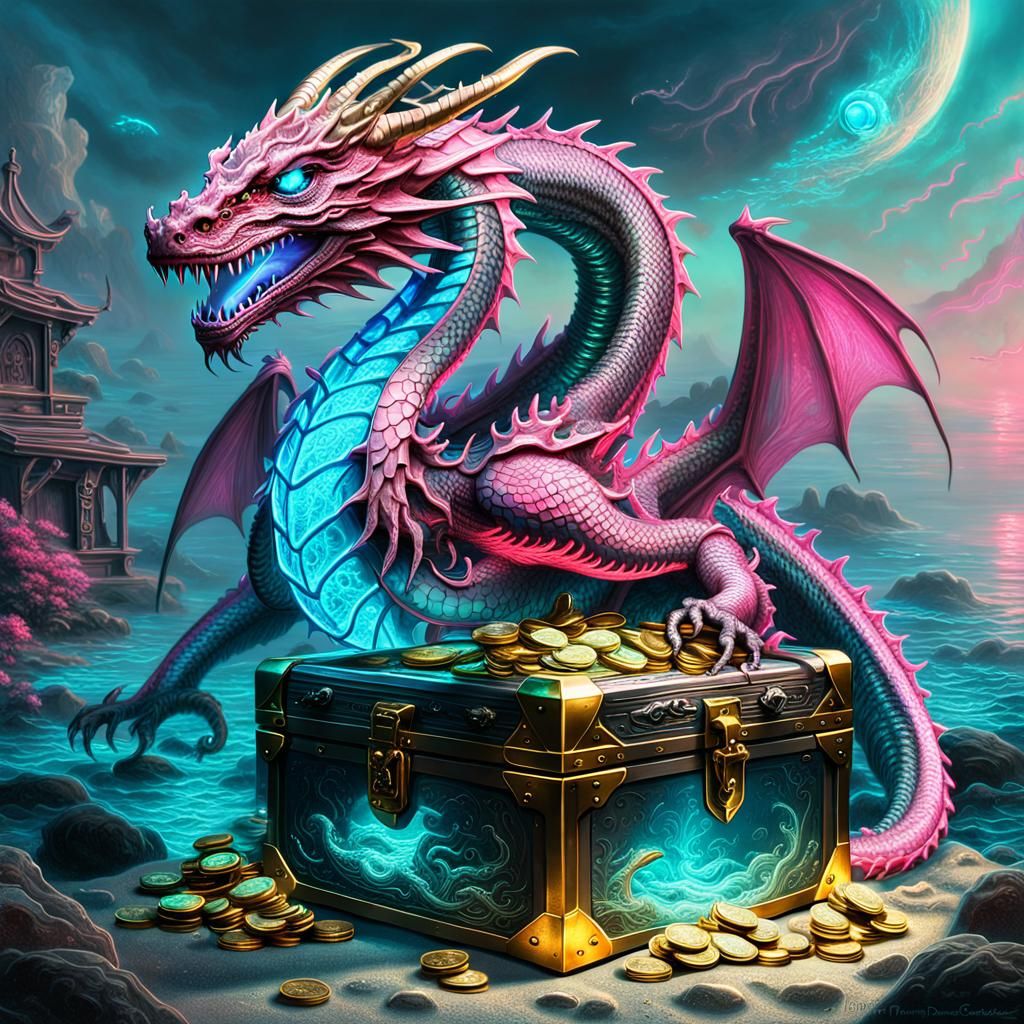 Neon Dragon Guarding Treasure Chest Underwater
