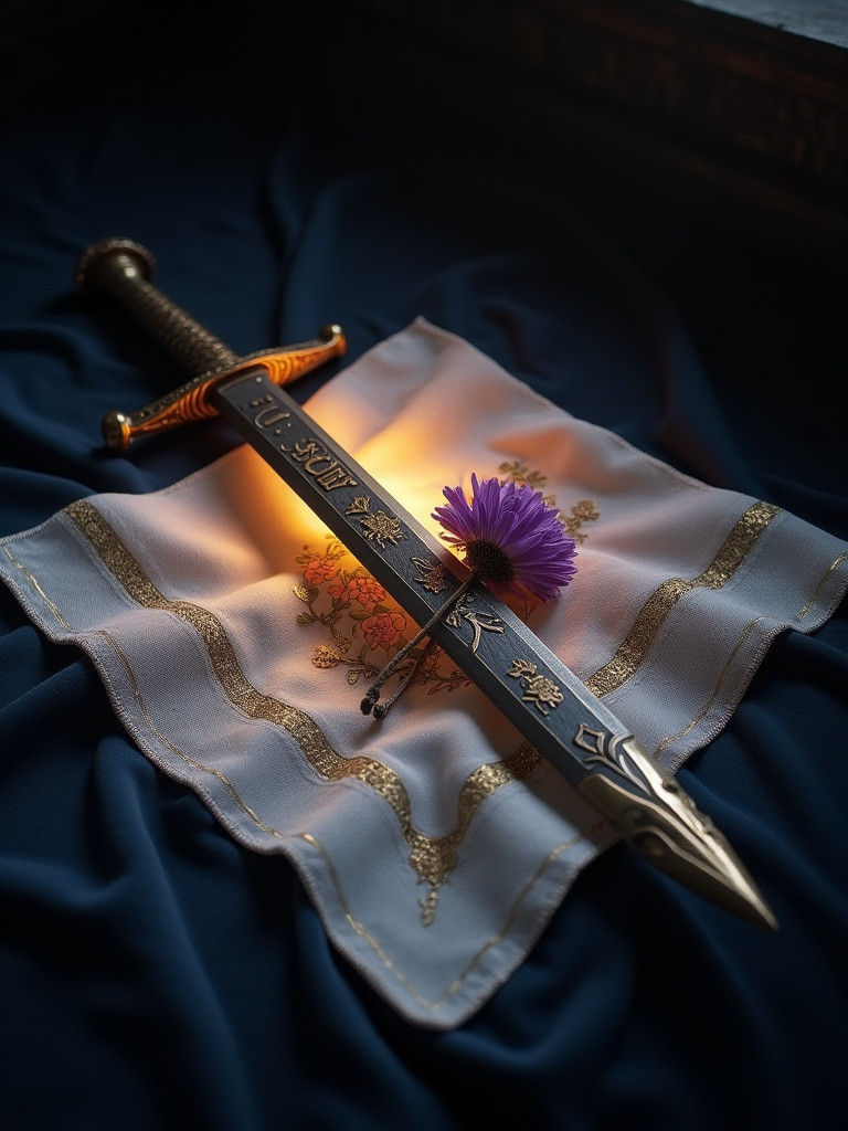 Glowing Sword on Cloth with Carnation: Mystical Symbolism