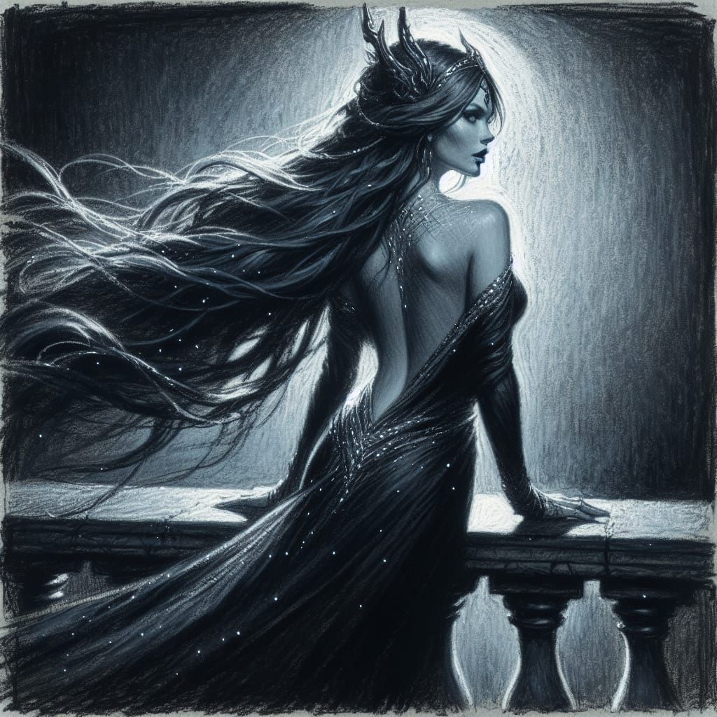 Norse Moon Goddess in Impressionist Charcoal Sketch