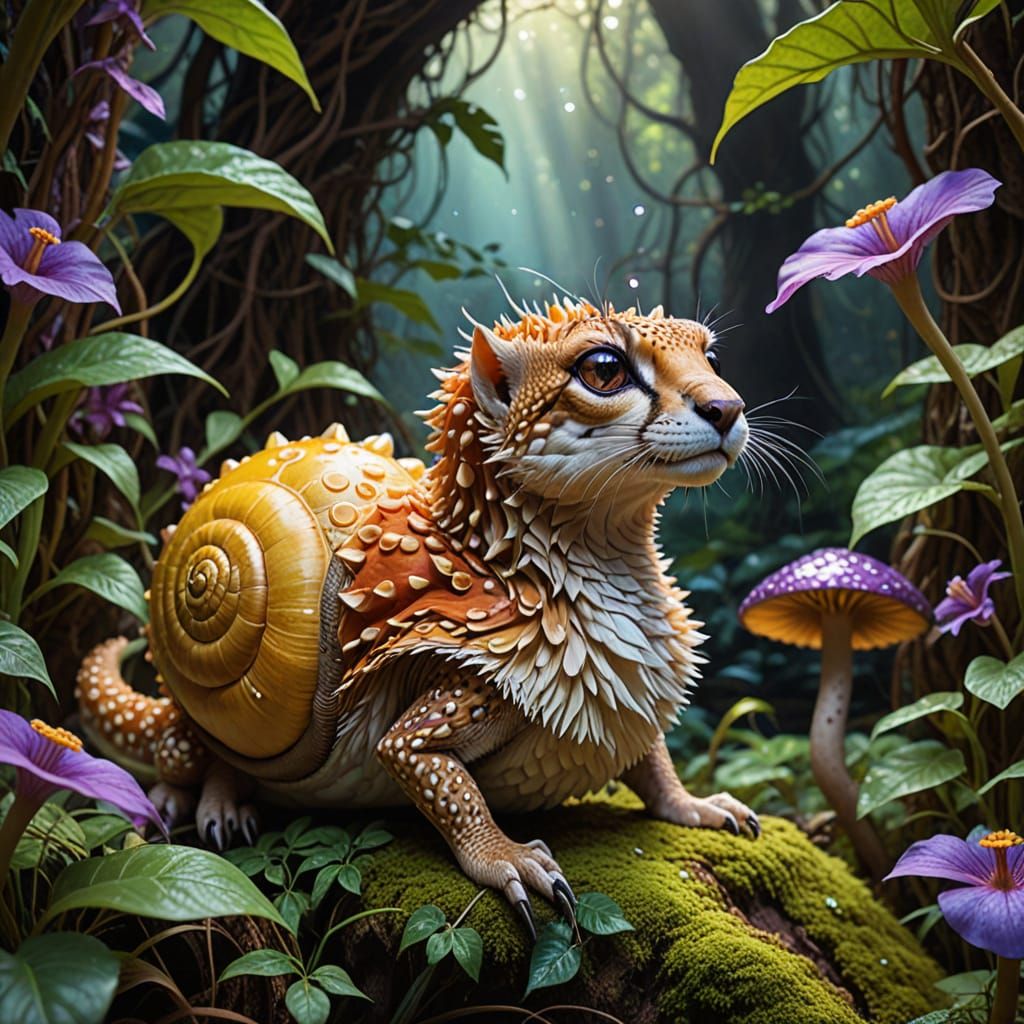 Cheetah-Snail Poses in Mystical Realm as Digital Art