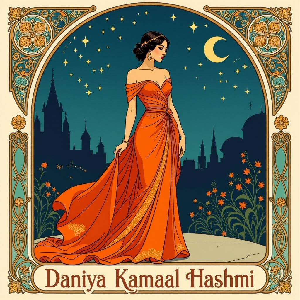Elegant Woman in Orange Dress Art Nouveau Style