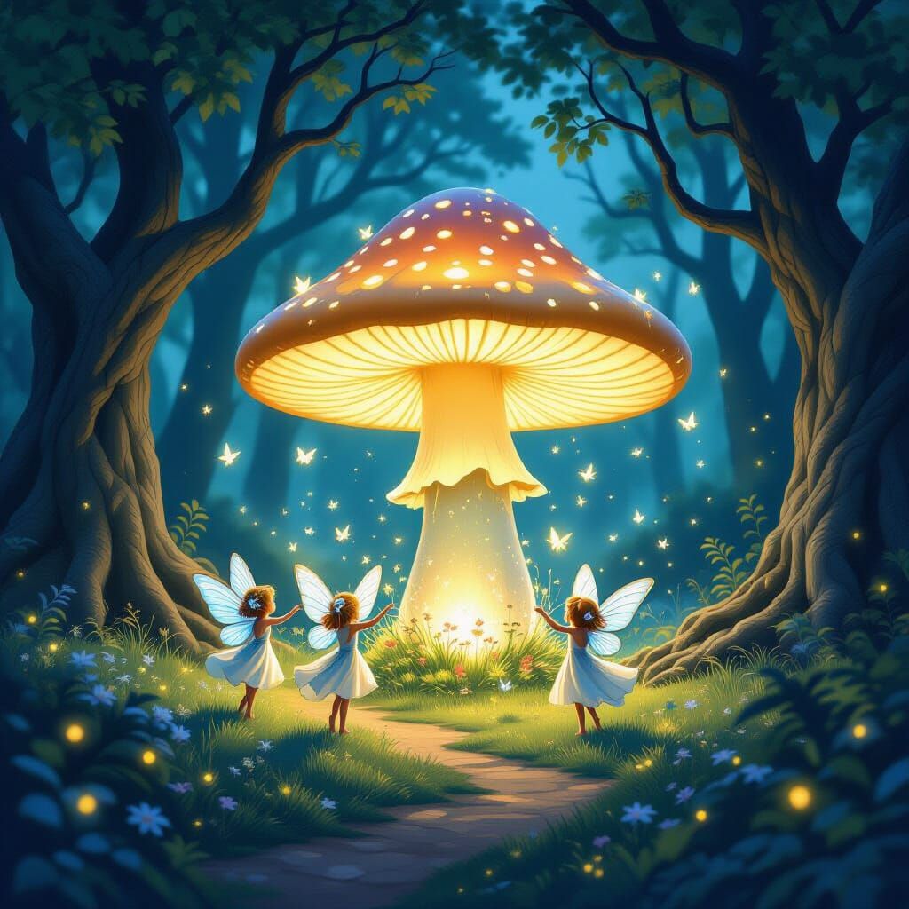 Enchanted Forest Sprites Dance Around Glowing Mushroom