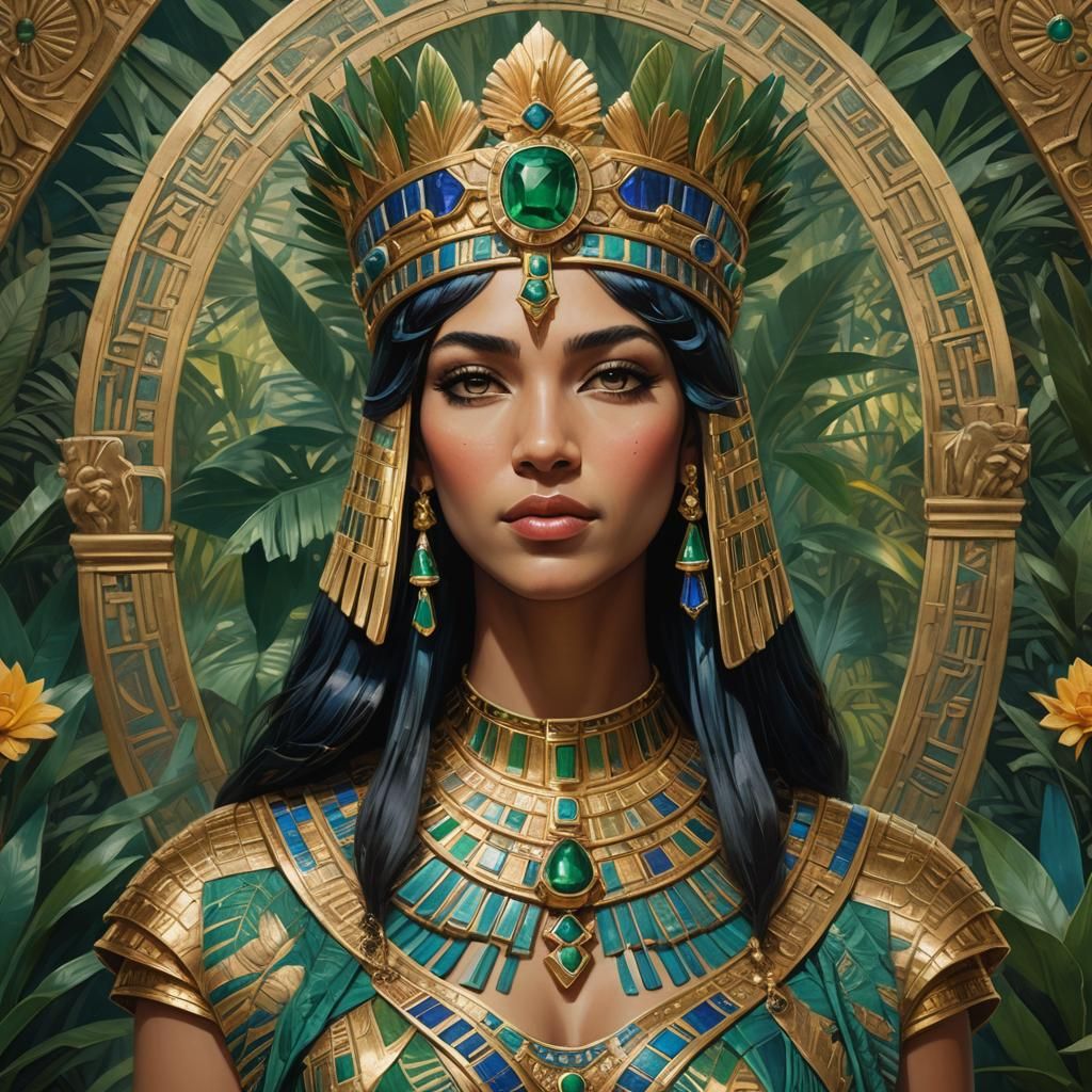 Cleopatra Portrait in Lush Garden, Art Nouveau Style