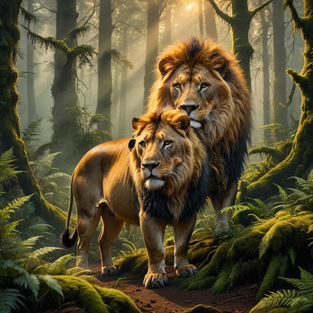 Lion-Pig Hybrid in Misty Forest, Fantasy Concept Art