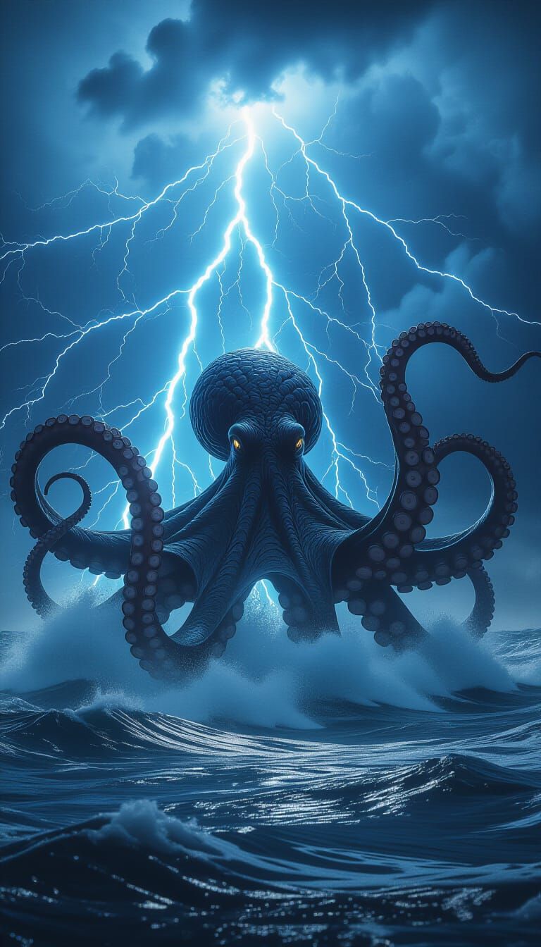 Colossal Storm Octopus Rising from the Deep Sea