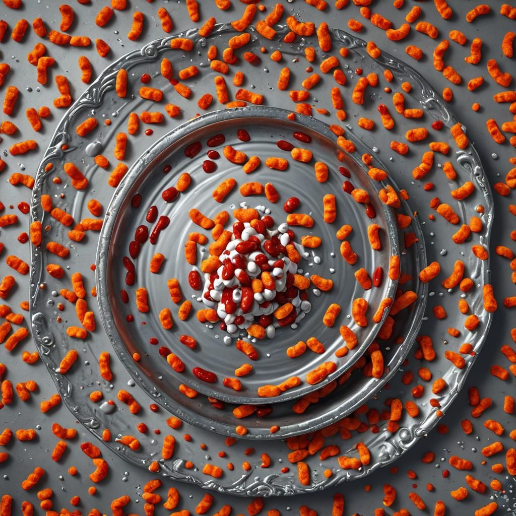 Hot Cheetos with Hot Sauce on Silver Platter