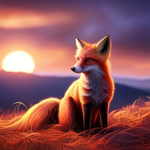 Fox in Sunset Field: Detailed Matte Painting