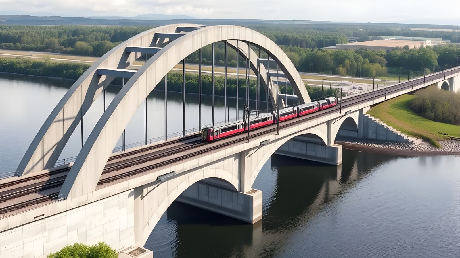 A Modern Arch Bridge And Railroad Track Spanning Over A Rive...