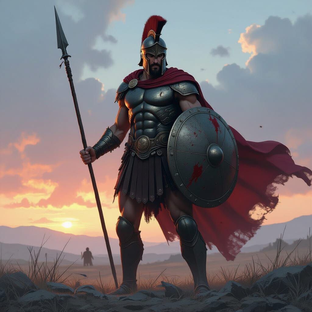 Ares, God of War, on Battlefield at Dusk