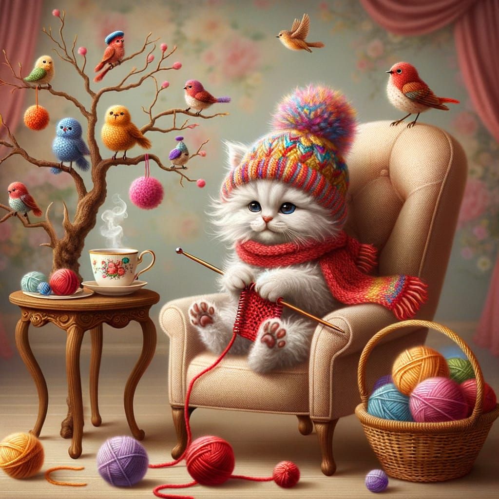 Fluffy Kitten Knitting in Cozy Armchair with Pom-Poms