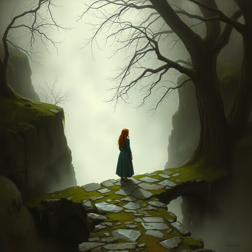 A solitary woman stands on an ancient, moss-covered stone br...