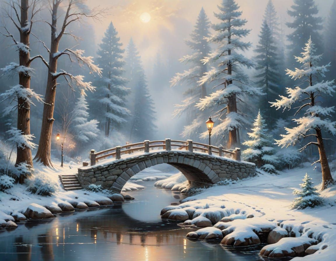 Snowy Bridge Over Frozen River in Watercolor Style