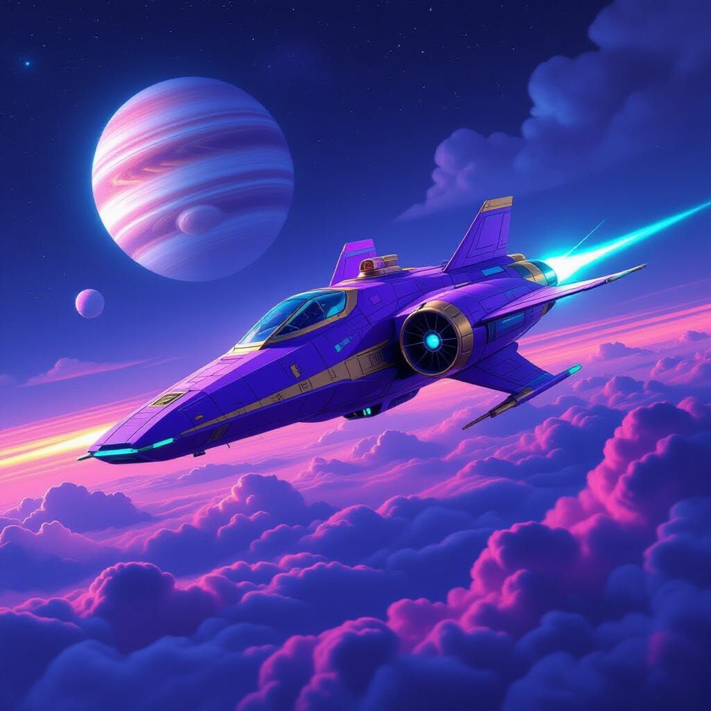 Purple Spaceship Over Venus in Hyperrealist Style