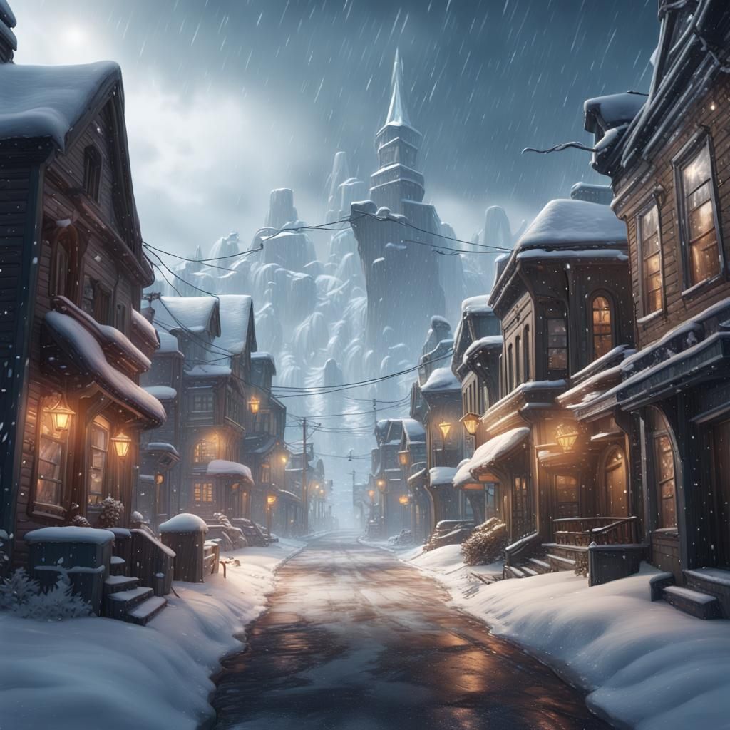 Snowy Town in Blizzard: Detailed Matte Painting