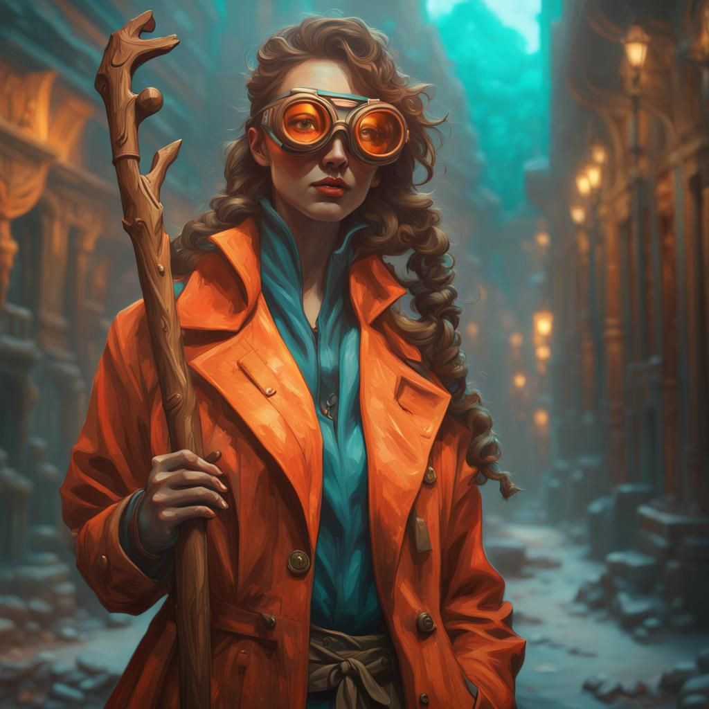 Woman with Goggles and Staff: Hyperdetailed Concept Art